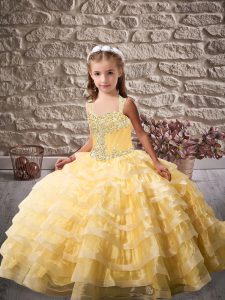 Cute Sleeveless Tulle Brush Train Lace Up Little Girls Pageant Dress in Gold with Beading and Ruffled Layers