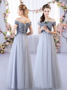 Enchanting Grey Empire Tulle Off The Shoulder Sleeveless Appliques Floor Length Lace Up Bridesmaid Dress