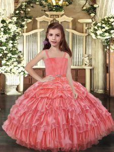 Ball Gowns Child Pageant Dress Watermelon Red Straps Organza Sleeveless Floor Length Lace Up