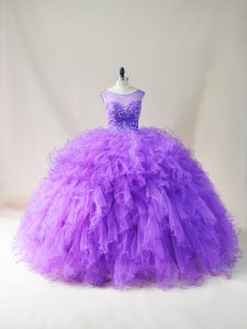 Eye-catching Purple 15 Quinceanera Dress Sweet 16 and Quinceanera with Beading and Ruffles Scoop Sleeveless Lace Up