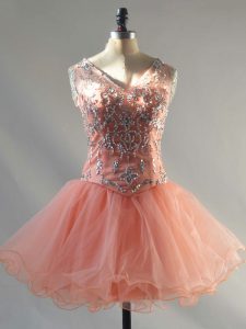 Fitting Mini Length Lace Up Prom Dress Peach for Prom and Party and Military Ball with Beading