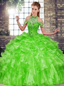 Fantastic Green Lace Up Ball Gown Prom Dress Beading and Ruffles Sleeveless Floor Length
