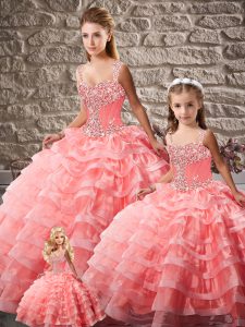 Luxury Watermelon Red Lace Up Quinceanera Gown Beading and Ruffled Layers Sleeveless Court Train