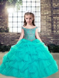 Floor Length Lace Up High School Pageant Dress Aqua Blue for Party and Wedding Party with Beading and Ruffles