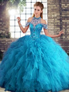 Ball Gowns Quinceanera Gowns Blue Halter Top Tulle Sleeveless Floor Length Lace Up