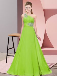 Yellow Green Sleeveless Chiffon Brush Train Lace Up Evening Dress for Prom and Party and Military Ball