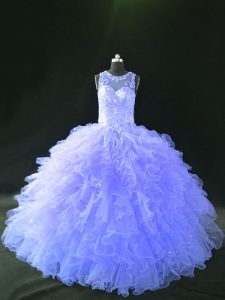Admirable Floor Length Lace Up 15th Birthday Dress Lavender for Sweet 16 and Quinceanera with Beading and Ruffles