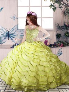 Custom Designed Sleeveless Beading and Ruffled Layers Zipper Little Girls Pageant Gowns with Yellow Green