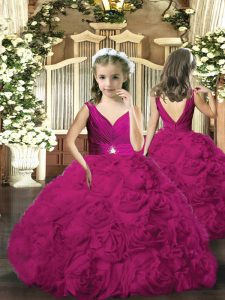 Amazing V-neck Sleeveless Backless Girls Pageant Dresses Fuchsia Fabric With Rolling Flowers