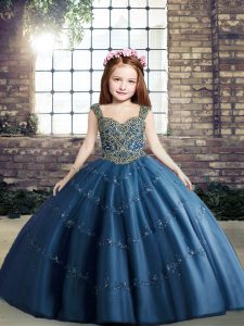 Cheap Blue Straps Lace Up Beading Kids Pageant Dress Sleeveless