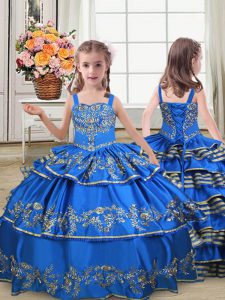 Customized Embroidery and Ruffled Layers Little Girl Pageant Dress Royal Blue Lace Up Sleeveless Floor Length