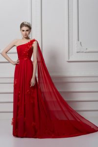 Red Chiffon and Tulle Lace Up One Shoulder Sleeveless Watteau Train Ruching and Hand Made Flower