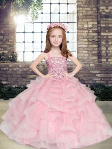 Fashionable Straps Sleeveless Lace Up Little Girls Pageant Gowns Pink Tulle