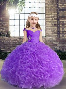 Floor Length Purple Little Girls Pageant Gowns Straps Sleeveless