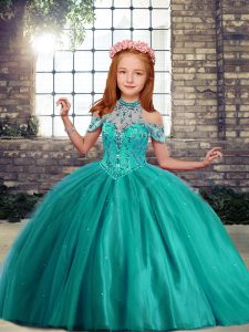 Simple Tulle Sleeveless Floor Length Little Girls Pageant Dress and Beading