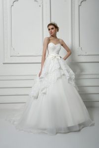 White Sleeveless Beading and Lace and Bowknot Lace Up Wedding Dress