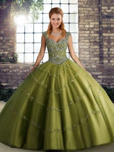 Hot Sale Sleeveless Tulle Floor Length Lace Up Quinceanera Dresses in Olive Green with Beading and Appliques
