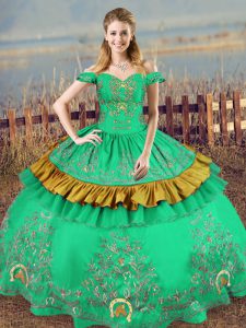 New Style Green Off The Shoulder Neckline Embroidery Sweet 16 Dresses Sleeveless Lace Up