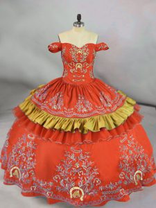 Amazing Satin Off The Shoulder Sleeveless Lace Up Embroidery Sweet 16 Dresses in Orange Red