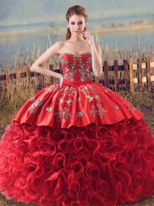 Brush Train Ball Gowns Quinceanera Dresses Coral Red Sweetheart Fabric With Rolling Flowers Sleeveless Lace Up