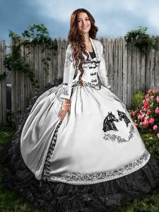 Noble Sleeveless Floor Length Embroidery and Ruffles Lace Up Quinceanera Gown with White And Black