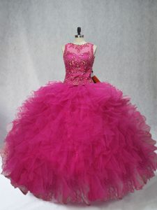 New Style Fuchsia Sleeveless Beading and Ruffles Floor Length Quince Ball Gowns