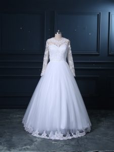 White A-line Lace Bridal Gown Lace Up Tulle Long Sleeves