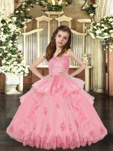 Fashionable Floor Length Baby Pink Little Girls Pageant Dress Wholesale Straps Sleeveless Lace Up