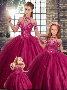 Fantastic Fuchsia Ball Gowns Tulle Halter Top Sleeveless Beading Lace Up Quinceanera Dress Brush Train