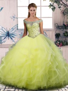 High End Floor Length Ball Gowns Sleeveless Yellow Green Quinceanera Gowns Lace Up