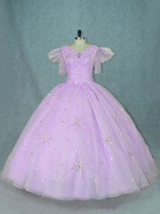 Fancy Lavender Quince Ball Gowns Sweet 16 and Quinceanera with Beading V-neck Sleeveless Zipper