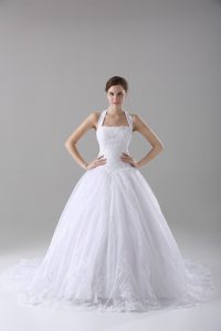 Colorful White Wedding Gowns Wedding Party with Lace Halter Top Sleeveless Brush Train Lace Up