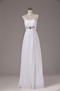 White Chiffon Lace Up Wedding Gown Sleeveless Floor Length Beading