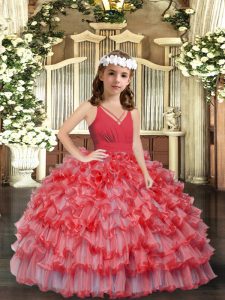 Modern Organza V-neck Sleeveless Zipper Ruffles and Ruffled Layers Pageant Gowns For Girls in Coral Red