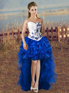 Flare Embroidery Prom Party Dress Blue And White Lace Up Sleeveless High Low
