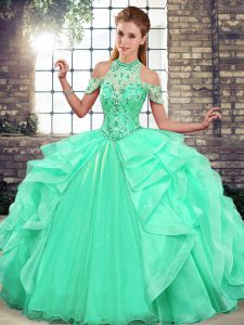 Floor Length Apple Green Sweet 16 Dress Organza Sleeveless Beading and Ruffles