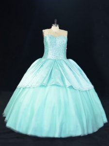 Fashionable Aqua Blue Sleeveless Floor Length Beading Lace Up Quince Ball Gowns