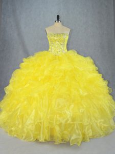 Yellow Ball Gowns Beading and Ruffles Quinceanera Gown Lace Up Organza Sleeveless Asymmetrical