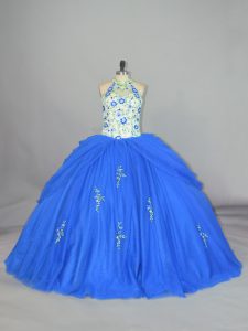 Blue Sleeveless Appliques and Embroidery Floor Length Quince Ball Gowns