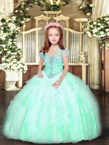 Wonderful Apple Green Sleeveless Floor Length Beading and Ruffles Lace Up Girls Pageant Dresses