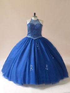 Delicate Blue Tulle Lace Up Scoop Sleeveless Floor Length Quinceanera Gowns Beading