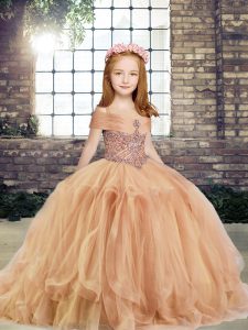Champagne Lace Up Straps Beading Little Girl Pageant Gowns Tulle Sleeveless