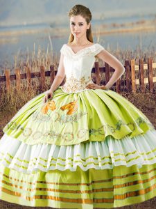 Stylish Yellow Green Sleeveless Embroidery and Ruffled Layers Floor Length Sweet 16 Quinceanera Dress