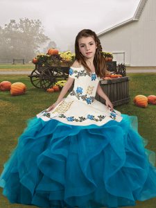 Blue Organza Lace Up Girls Pageant Dresses Sleeveless Floor Length Embroidery and Ruffles