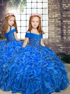 Blue Ball Gowns Straps Sleeveless Organza Floor Length Lace Up Beading and Ruffles Little Girl Pageant Dress