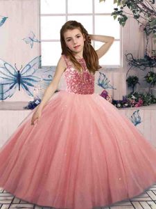 Elegant Watermelon Red Tulle Lace Up Kids Pageant Dress Sleeveless Floor Length Beading