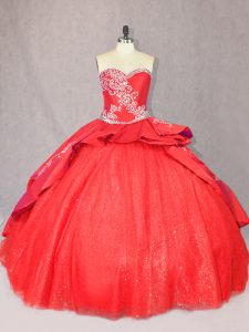 Extravagant Red Lace Up Sweetheart Embroidery Quince Ball Gowns Tulle Sleeveless Court Train