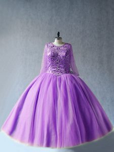 Cute Beading Sweet 16 Quinceanera Dress Lavender Lace Up Long Sleeves Floor Length