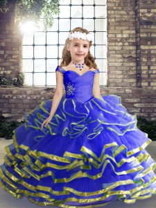 Blue Girls Pageant Dresses Party and Wedding Party with Beading and Ruching Sweetheart Sleeveless Lace Up