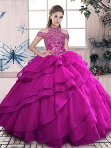 High Class High-neck Sleeveless Lace Up Sweet 16 Dresses Fuchsia Organza
